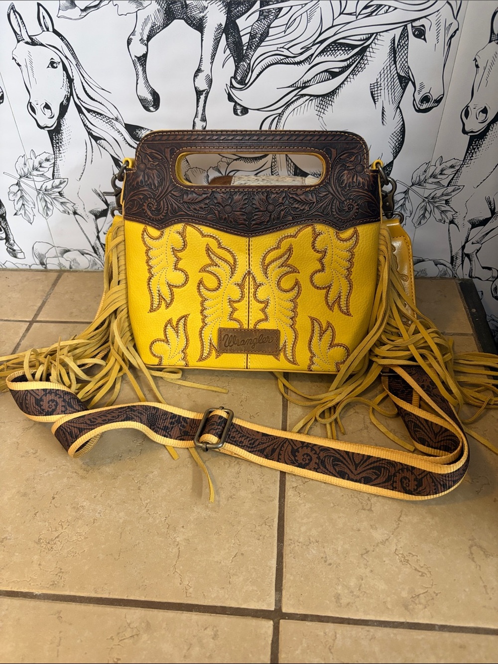 Wrangler Yellow and Brown Tooled Leather Fringe Crossbody